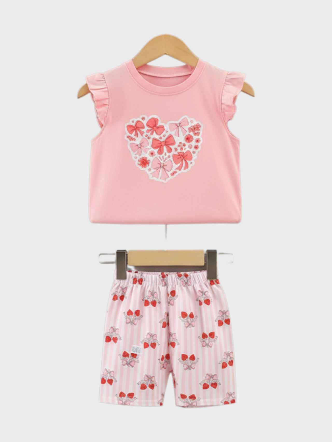 Sweet Pink Bow Heart Graphic T-Shirt and Shorts Set for Girls
