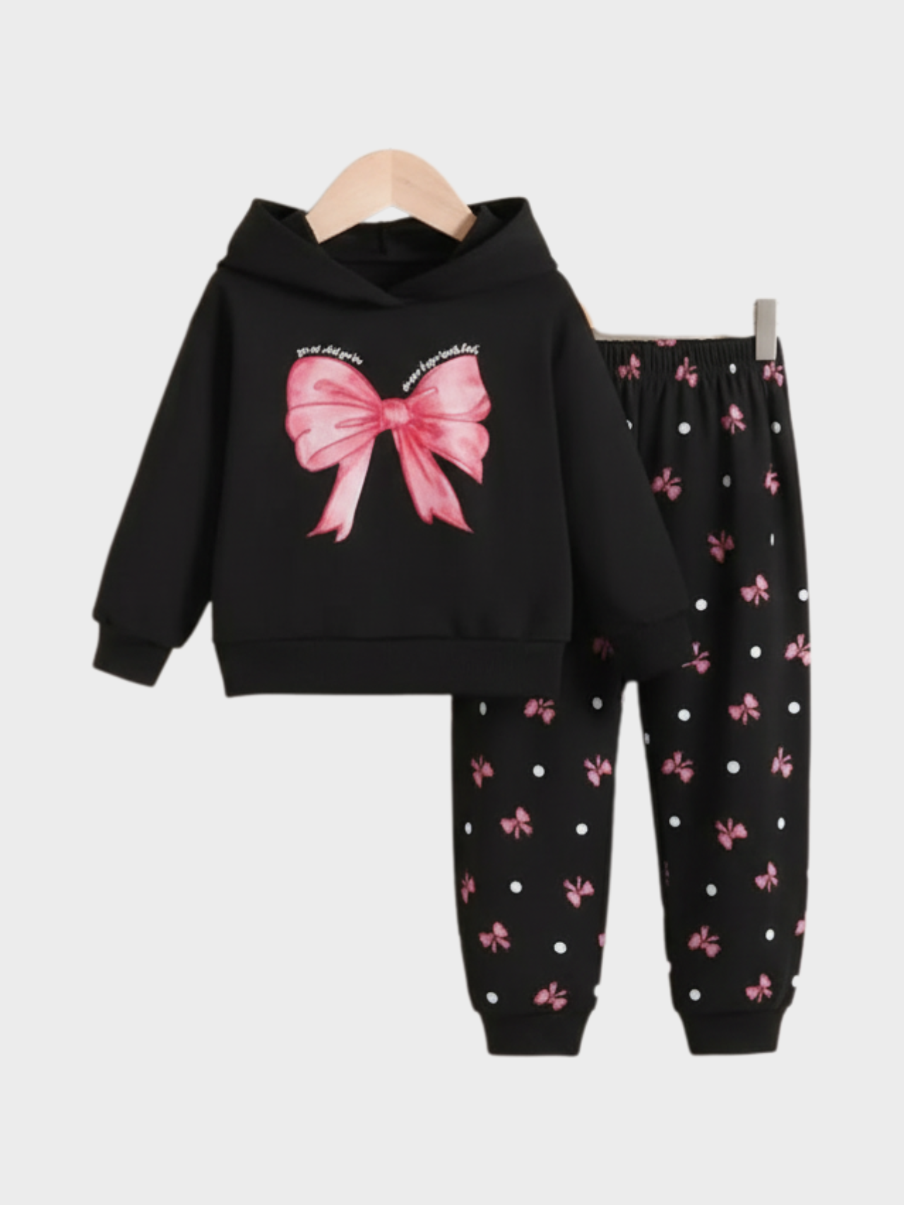 Girls' Black Pink Bow Graphic Hoodie and Polka Dot Jogger Set