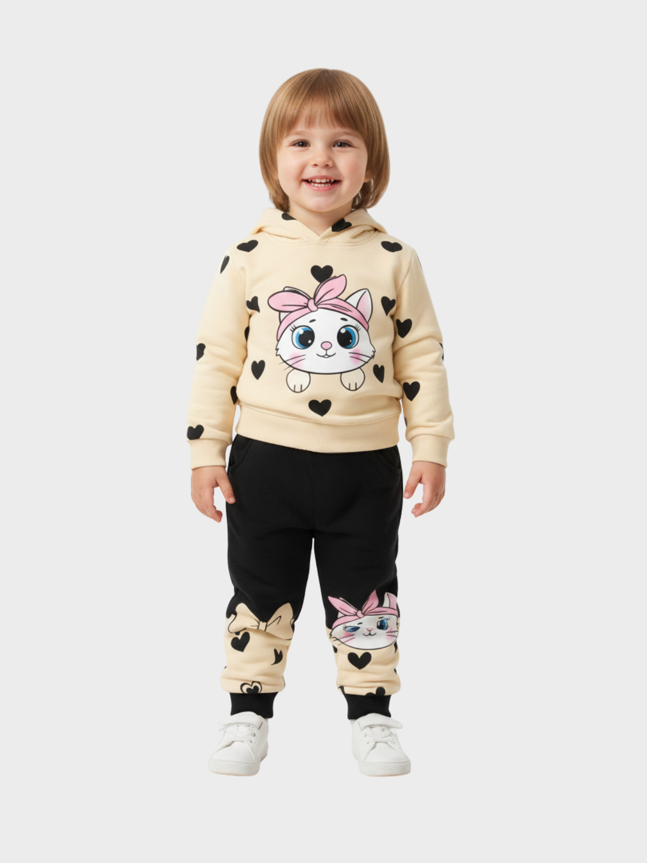 Girls' Cute Cat Hoodie & Joggers Set