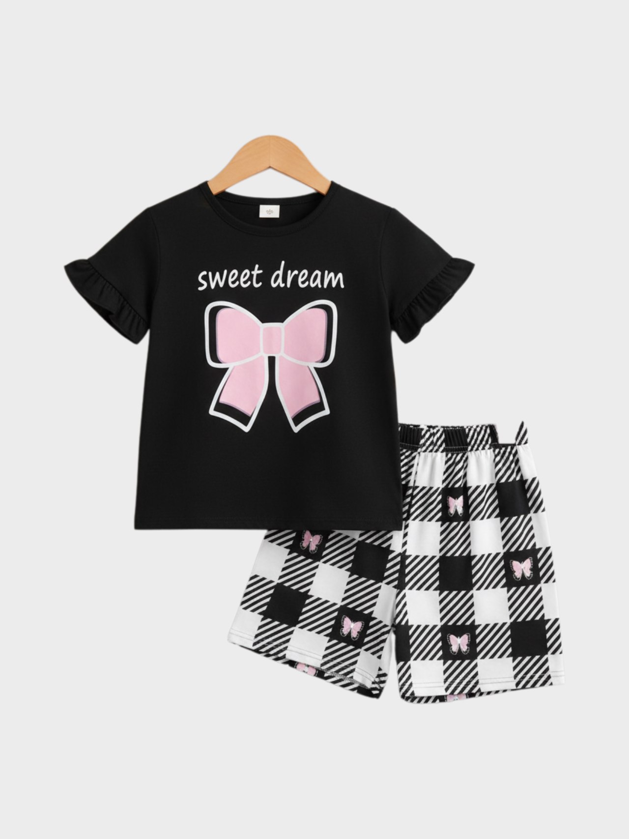 Chic Black Bow T-Shirt and Gingham Plaid Shorts Set for Girls