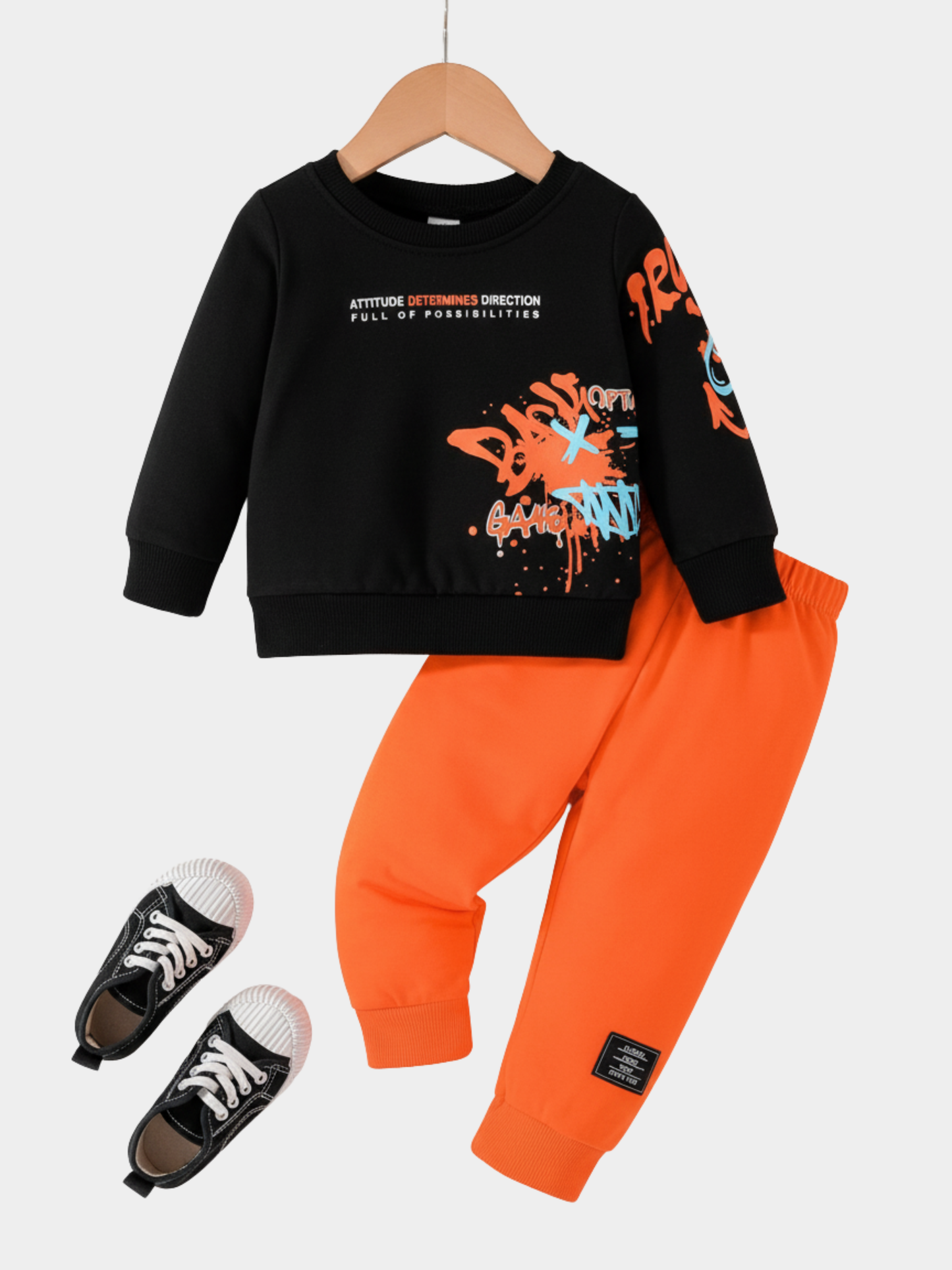 Street Style Graffiti Sweatshirt & Neon Orange Joggers Set