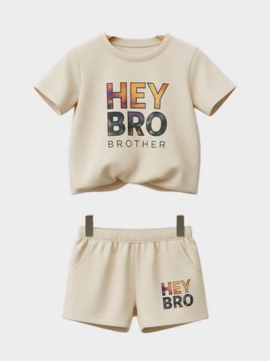 Toddler Boys' Summer Cotton Two-Piece Set | "HEY BRO" Print Tee & Shorts