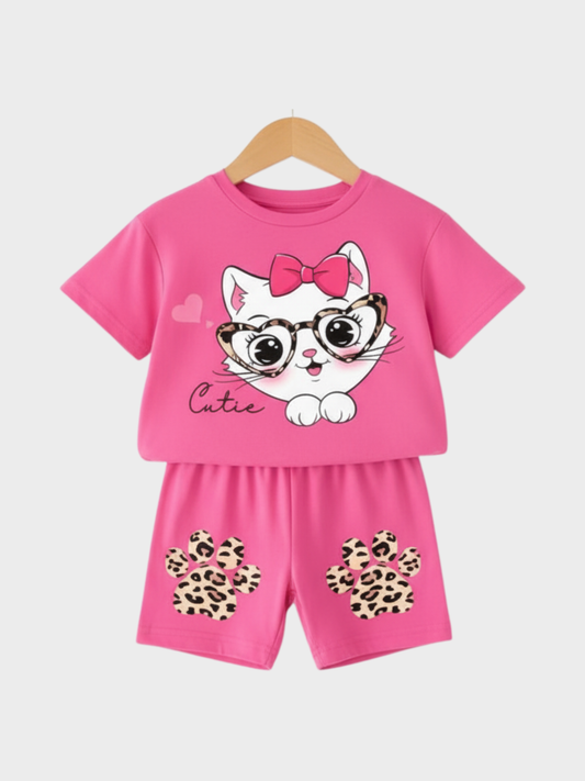 Toddler Girls' Hot Pink Cat T-Shirt & Leopard Paw Shorts