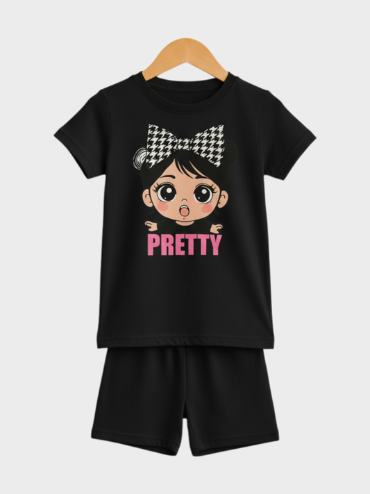 "PRETTY" Doll Graphic Girls' T-Shirt and Shorts Set | Black Summer Outfit