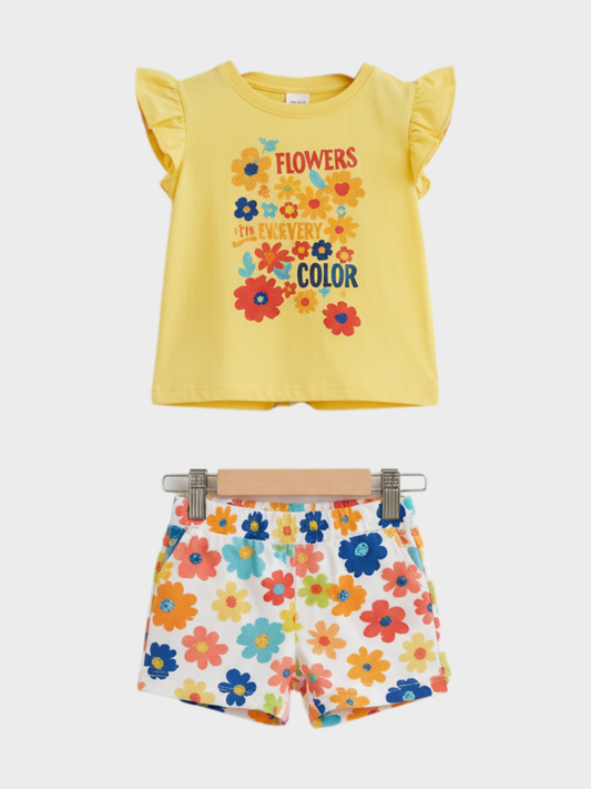 Girls' Yellow Floral Print T-Shirt and Shorts Set | Colorful Summer Outfit