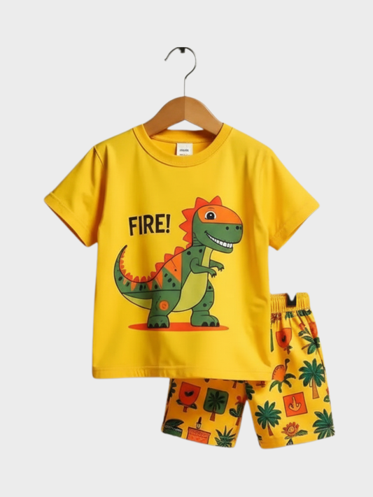 Toddler Boys' Yellow Dinosaur T-Shirt & Palm Print Shorts Set