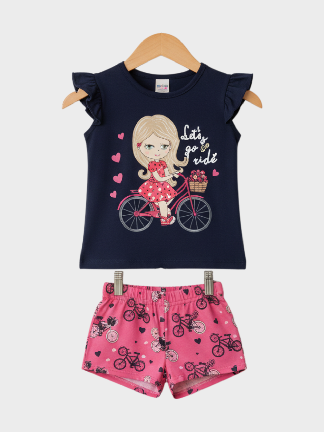 Girls' "Let's Go Ride" Bicycle Graphic Ruffle-Sleeve Top & Pink Shorts Set