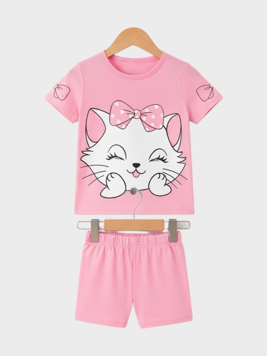 Adorable Pink Cat Graphic T-Shirt and Shorts Set for Kids