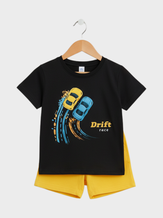 Toddler Boys' Black "Drift Race" T-Shirt & Yellow Shorts Set