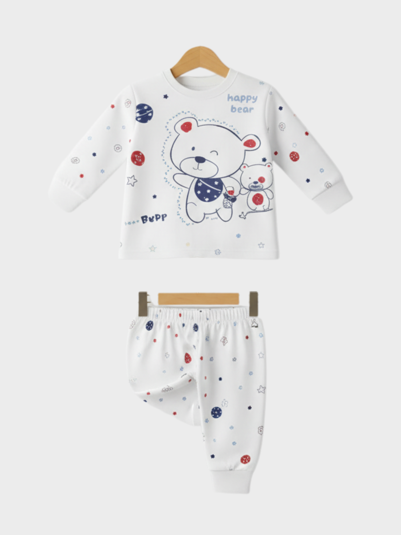 Cozy White 'Happy Bear' Long-Sleeve Pajama and Pant Set for Kids