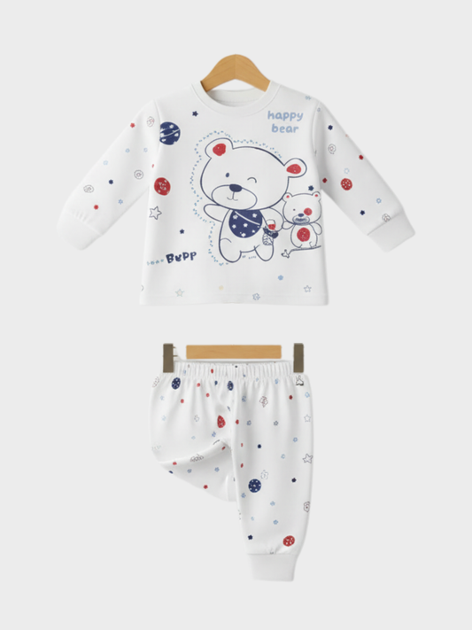 Cozy White 'Happy Bear' Long-Sleeve Pajama and Pant Set for Kids
