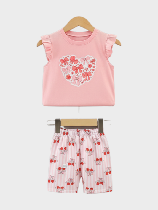Sweet Pink Bow Heart Graphic T-Shirt and Shorts Set for Girls