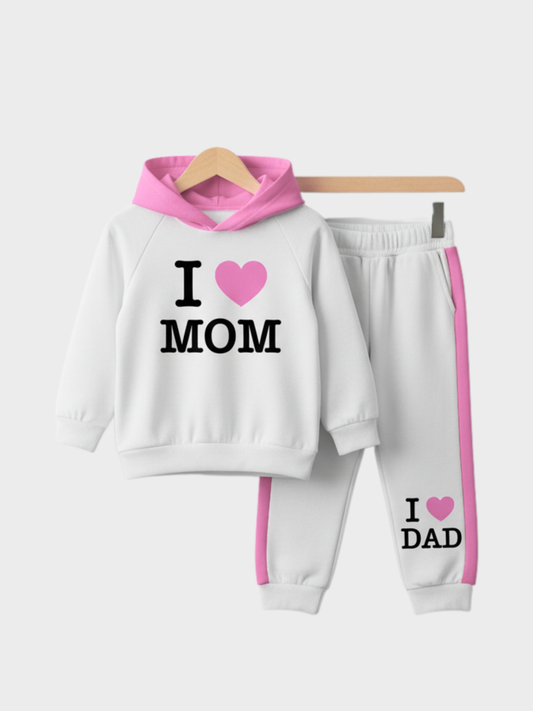 Kids White 'I Love Mom' Hoodie and 'I Love Dad' Jogger Set