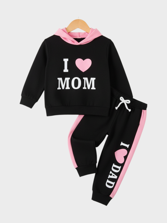 Kids' "I Love Mom Dad" Black & Pink Sweat Suit Set