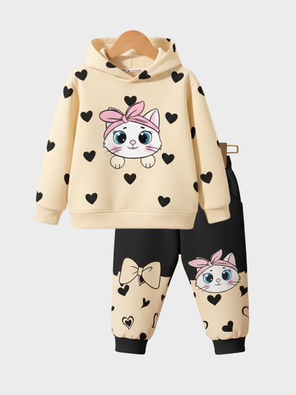 Girls' Cute Cat Hoodie & Joggers Set