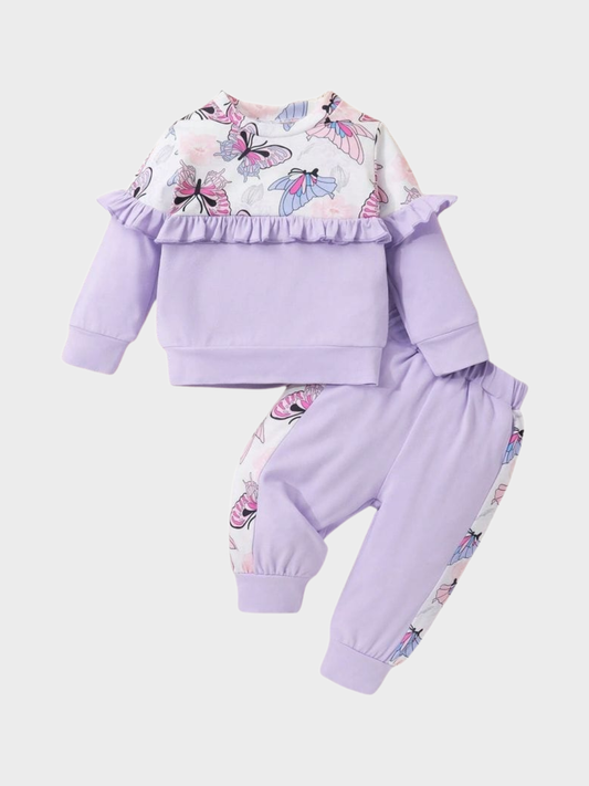 Girls' Lavender Butterfly Print Ruffle Sweatshirt & Jogger Set
