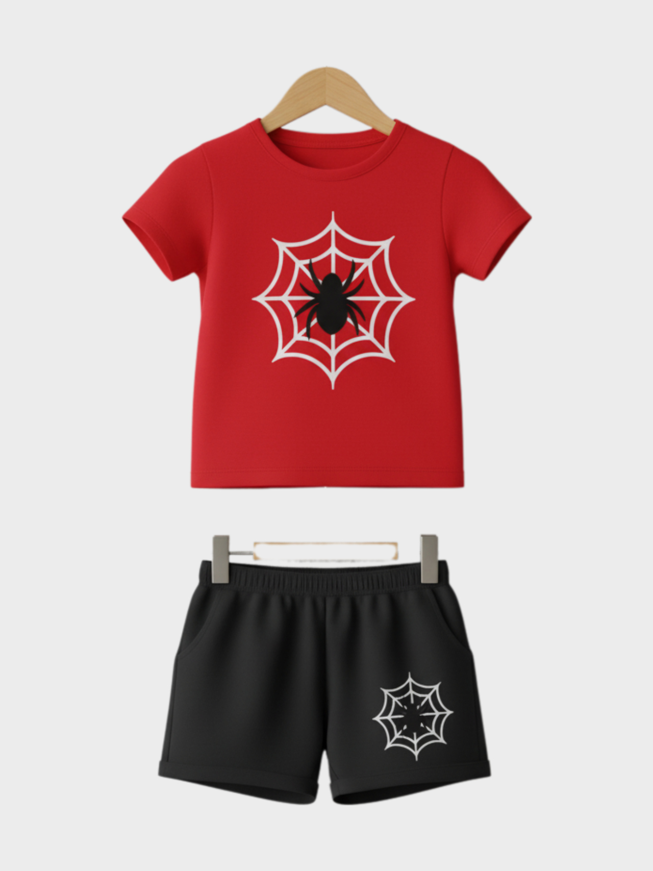 Cool Red and Black Spider Web Graphic T-Shirt and Shorts Set