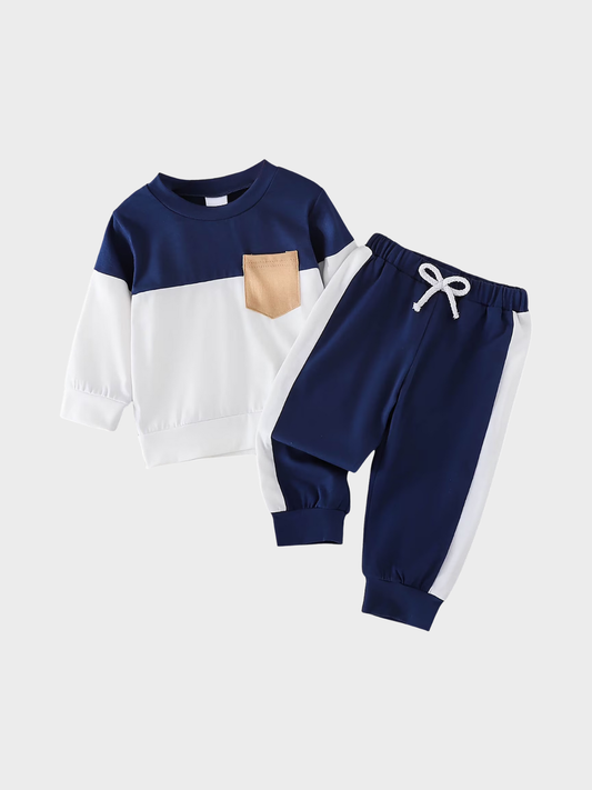 Boys' Navy White Color Block Sweatshirt & Jogger Set with Pocket