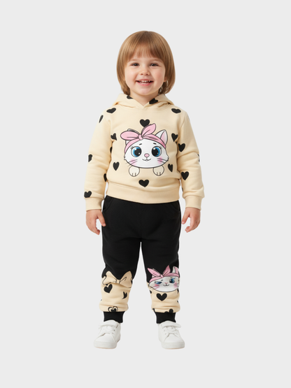Girls' Cute Cat Hoodie & Joggers Set