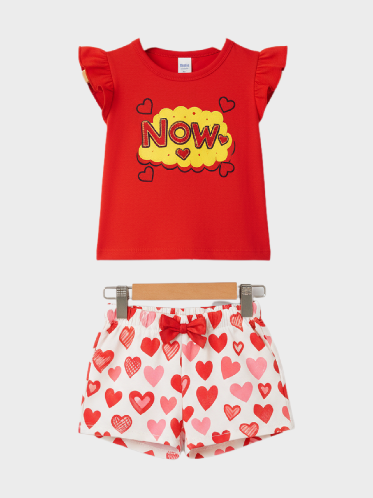 Fun Red 'NOW' Graphic T-Shirt and Heart Print Shorts Set for Girls