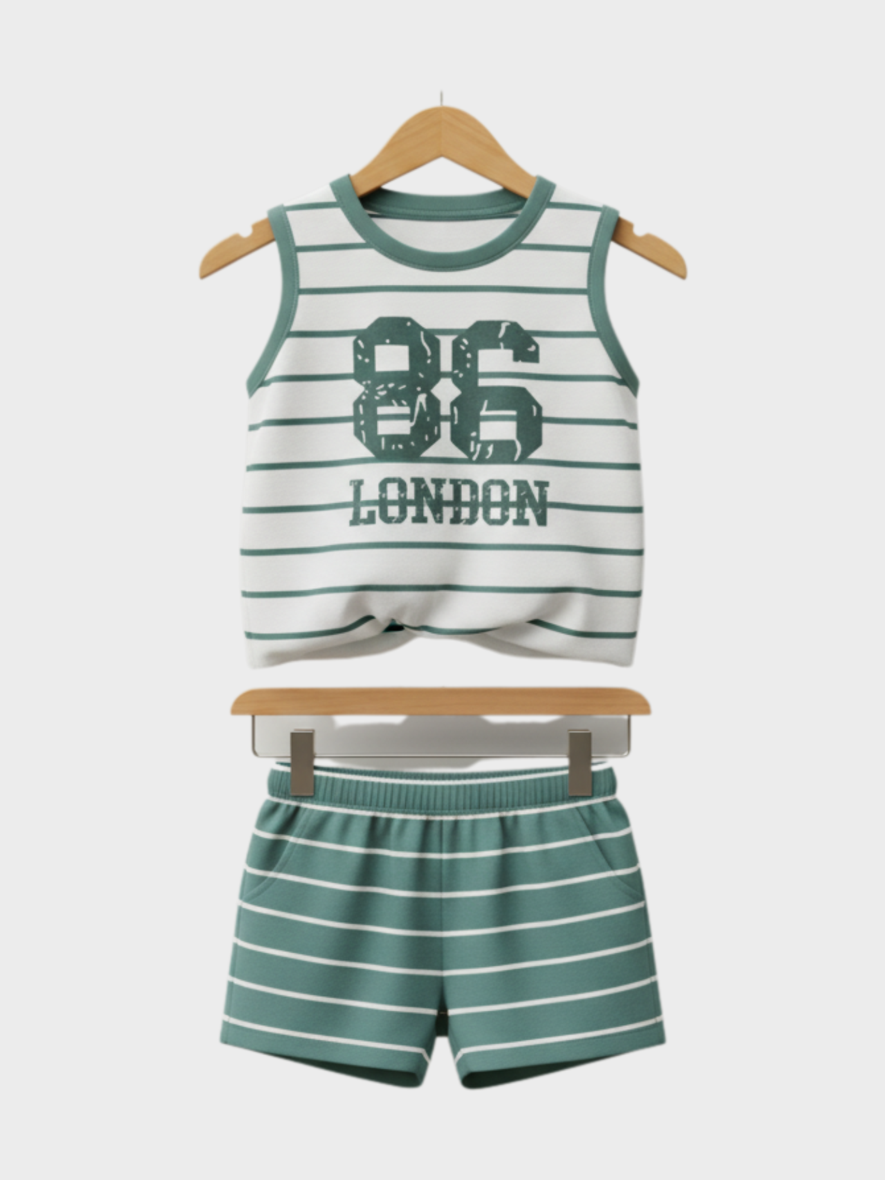 Sporty Green and White Striped Tank Top and Shorts Set for Kids