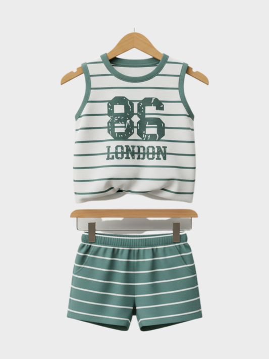 Sporty Green and White Striped Tank Top and Shorts Set for Kids