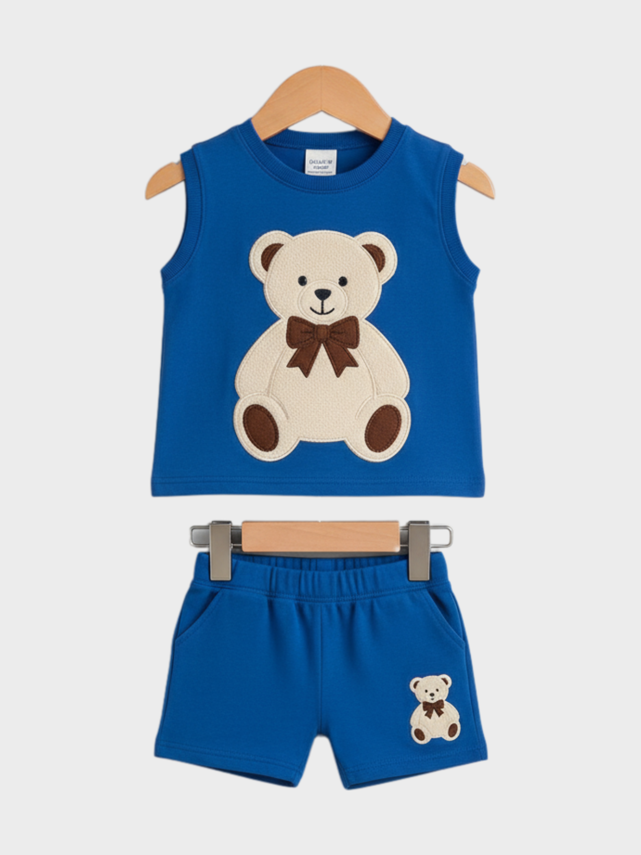 Adorable Royal Blue Teddy Bear Appliqué Tank Top and Shorts Set