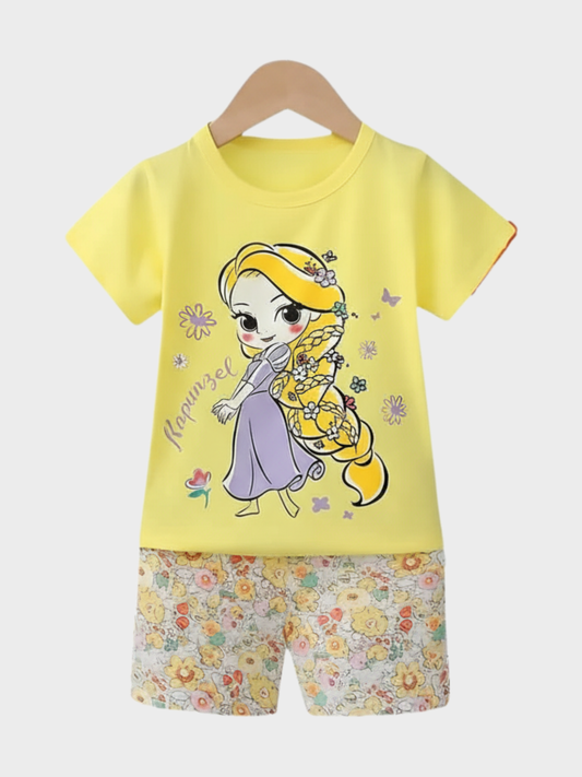 Girls' Rapunzel Yellow T-Shirt & Floral Shorts Set