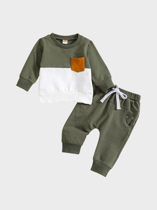Boys' Olive Green Color-Block Sweatshirt & Joggers Set