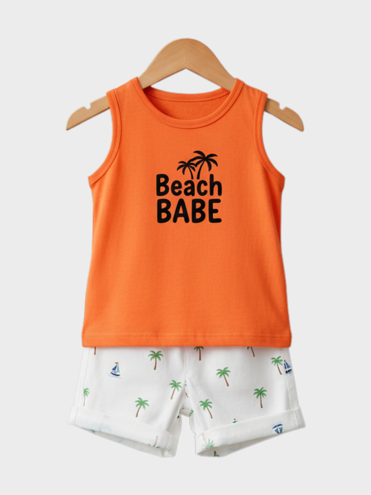 Fun Orange 'Beach Babe' Tank Top and Tropical Shorts Set for Kids