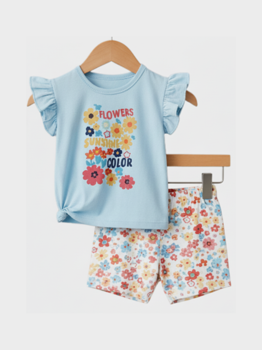 Cheerful Blue Floral Graphic T-Shirt and Leggings Set for Girls