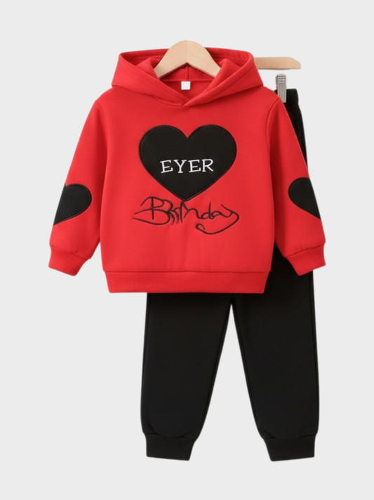 Cozy Red Fleece Hoodie and Jogger Set with Heart Graphic for Kids